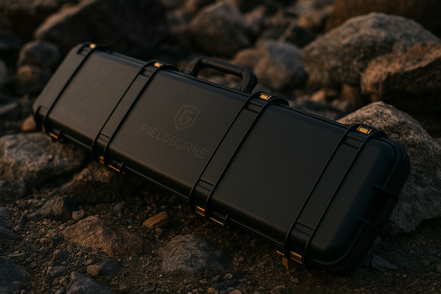 Black hard-shell case with 'Fieldborne' branding on a rocky surface