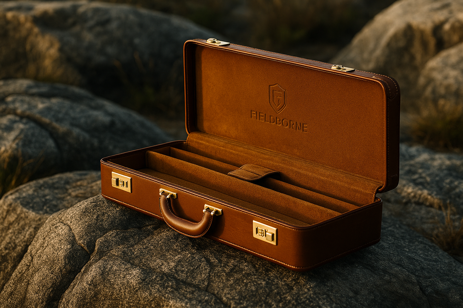 Limited Edition Fieldborne rifle case in premium mahogany leather with gold accents, luxury collector series.