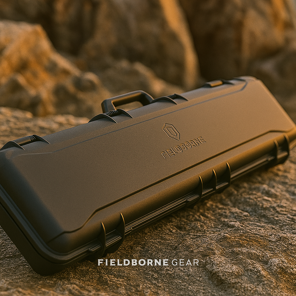 Black hard-shell case with 'Fieldborne Gear' branding on a rocky surface