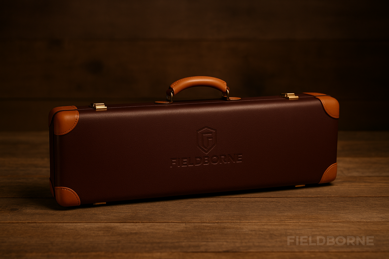 Brown leather gun case with 'Fieldborne' logo on a wooden surface