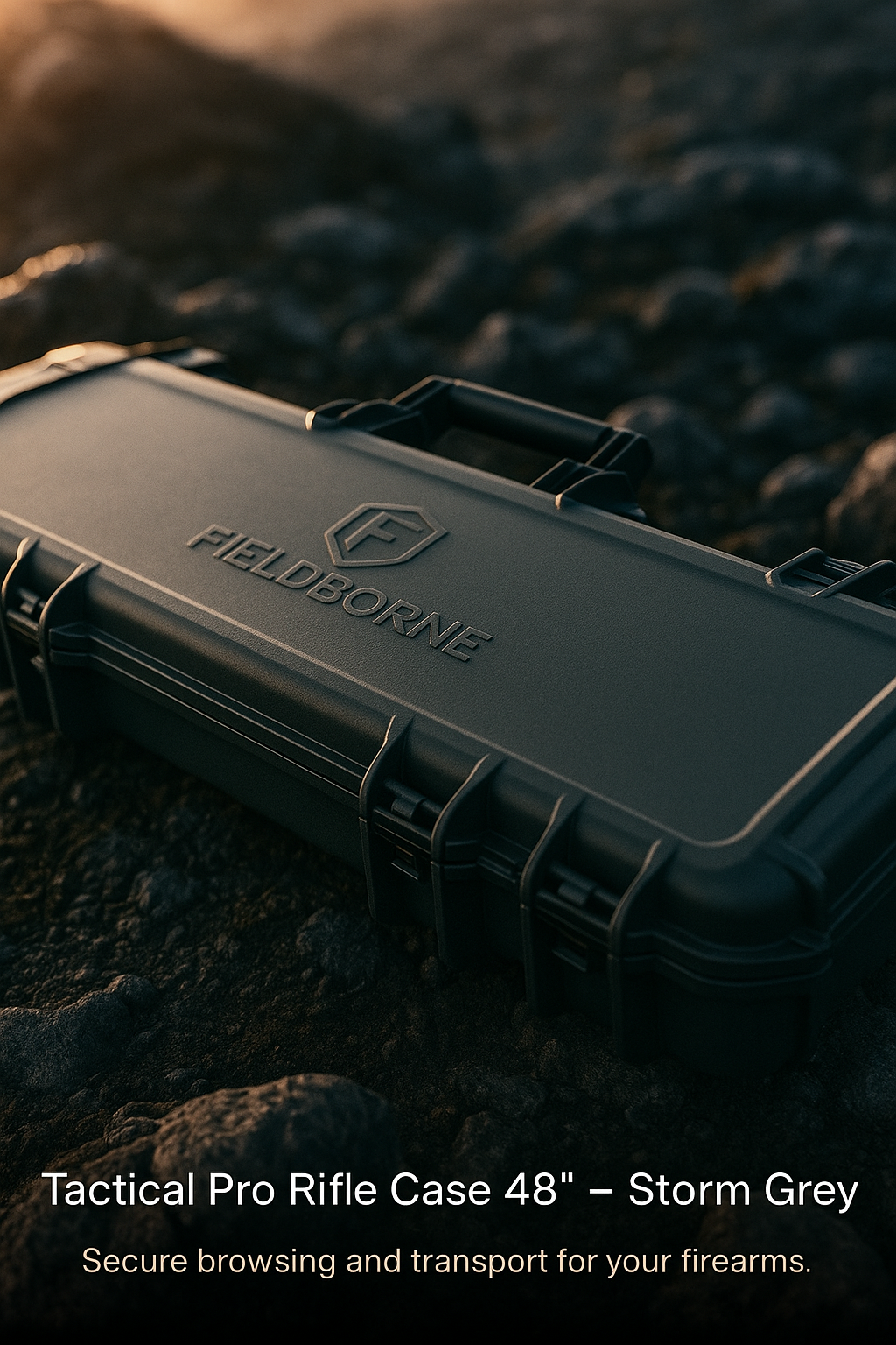 Gray tactical rifle case with 'Fieldborne' branding on a rocky surface.