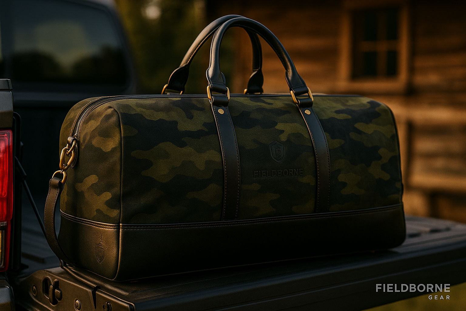 Camouflage duffel bag on a truck bed with 'Fieldborne' branding.