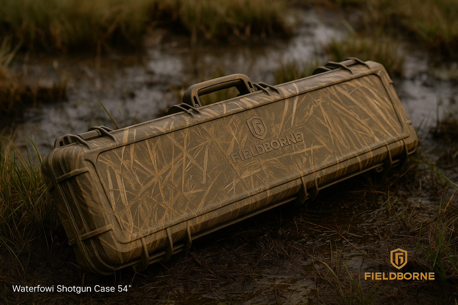 Camouflage shotgun case with Fieldborne logo on a grassy, wet ground