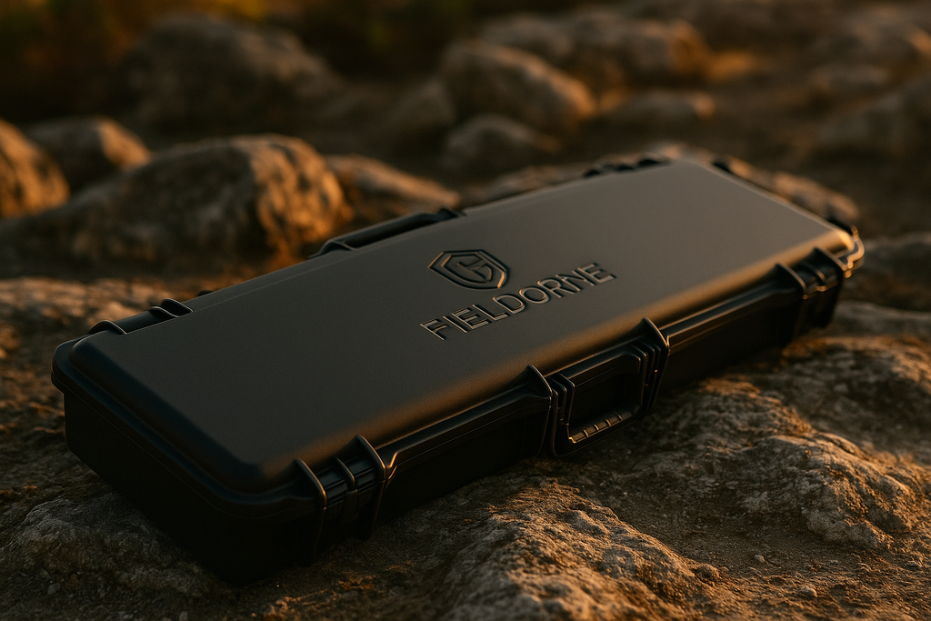 Expedition Series 52" rifle case in Ash Black on rocky field terrain.