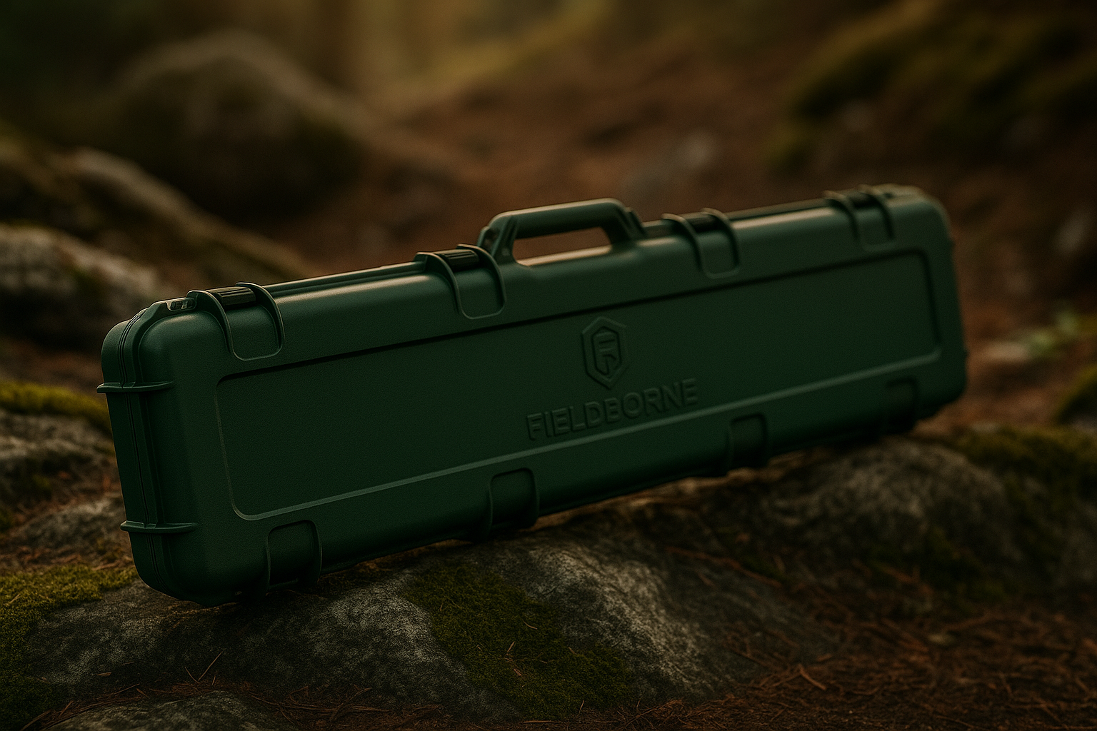 Green hard-shell case on a rocky surface