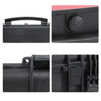 Close-up details of a black tool case on a white background