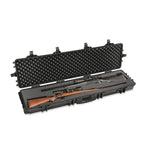 Black gun case with a rifle inside on a white background