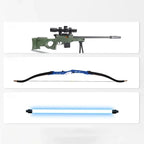 Sleek green rifle with scope, blue bow with arrow, and blue lightsaber on a white background
